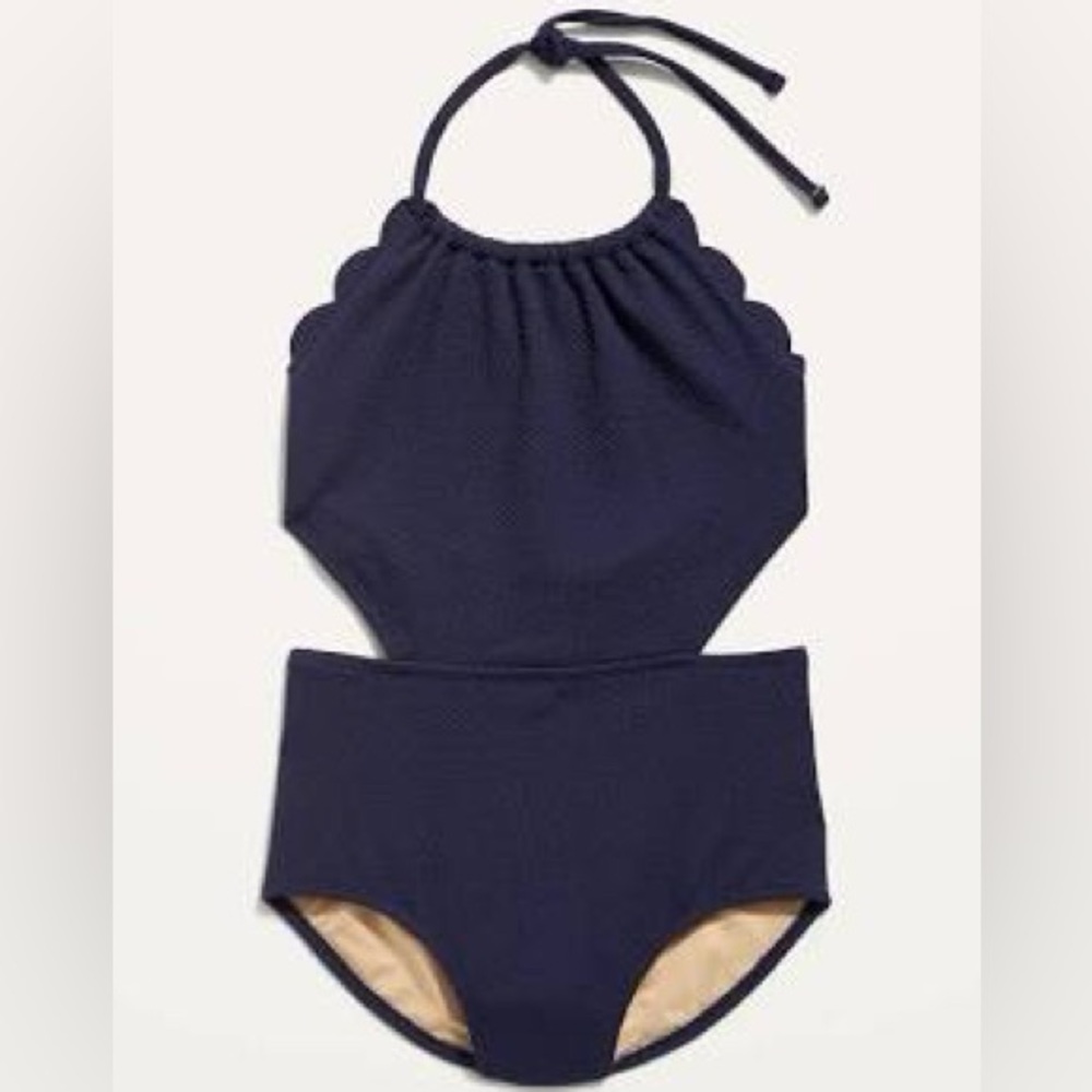 Textured Scalloped-Edge Halter Swimsuit for Girls Size 6-7